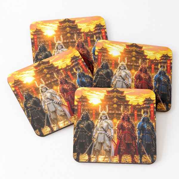 Item preview, Four Samurai Warriors Japanese Temple Sunset designed and sold by DWolf04.