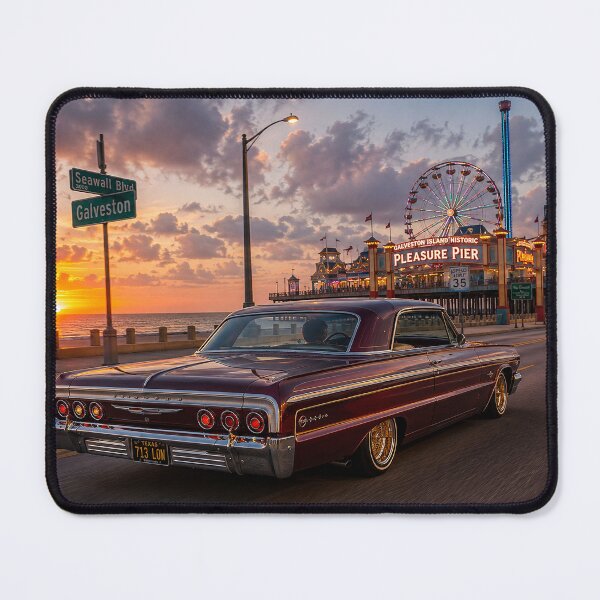 Item preview, Galveston Seawall Sunset Lowrider – Classic Chevrolet Cruising Pleasure Pier | Texas Car Art designed and sold by JRdesigns25.