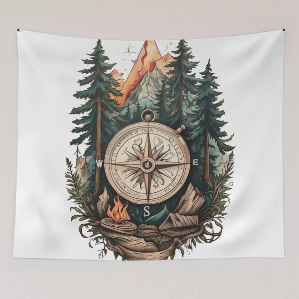 Item preview, Vintage Compass Pine Trees Mountain Adventure Camping Art designed and sold by GlowAura7.