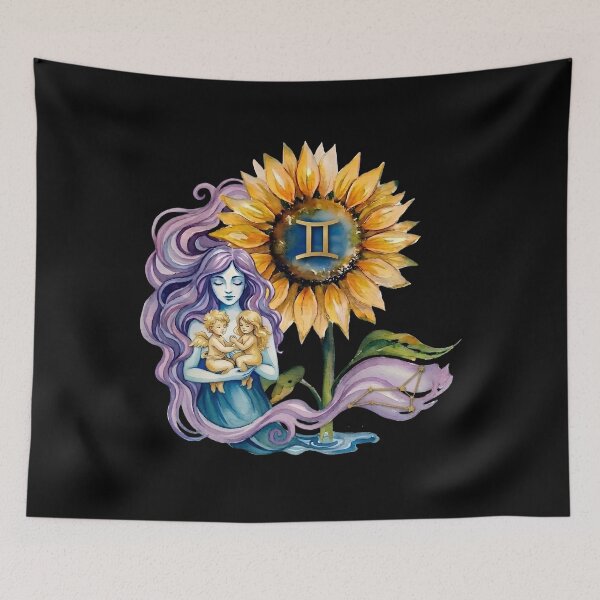 Item preview, ​Gemini Zodiac Goddess with Sunflower and Twins Art designed and sold by SilentFlower.