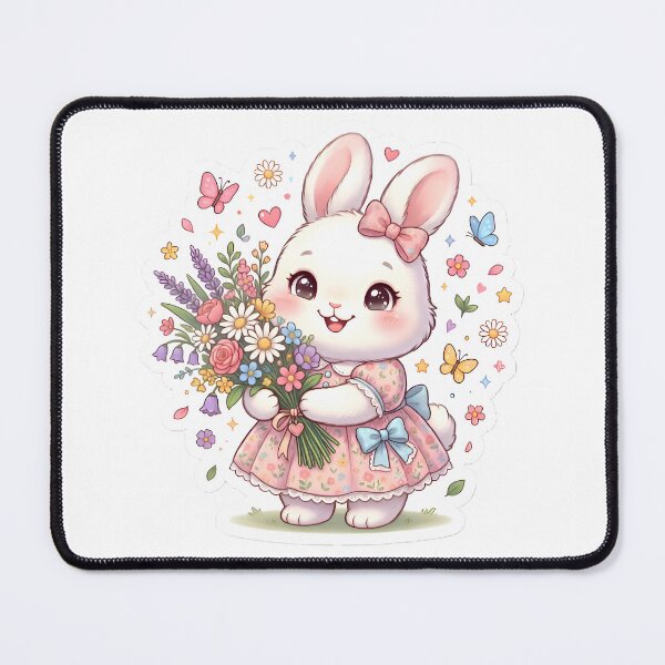 Item preview, Cute Kawaii Bunny with Flower Bouquet – Floral Rabbit designed and sold by By Inora.