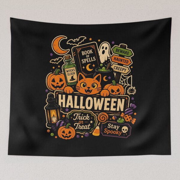 Item preview, Spooky Halloween Cat with Pumpkins and Treats Design designed and sold by rafaeltto.