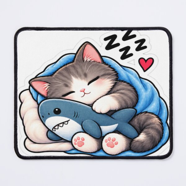Item preview, Sleepy Cat Hugging Shark Plush – Cute Cozy Cat Sticker designed and sold by Genzfirevibes.