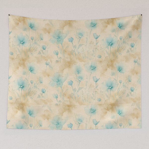 Item preview, Vintage tea stain botanical turquoise florals – Seamless Linen Repeat Pattern designed and sold by RescueHeart10.