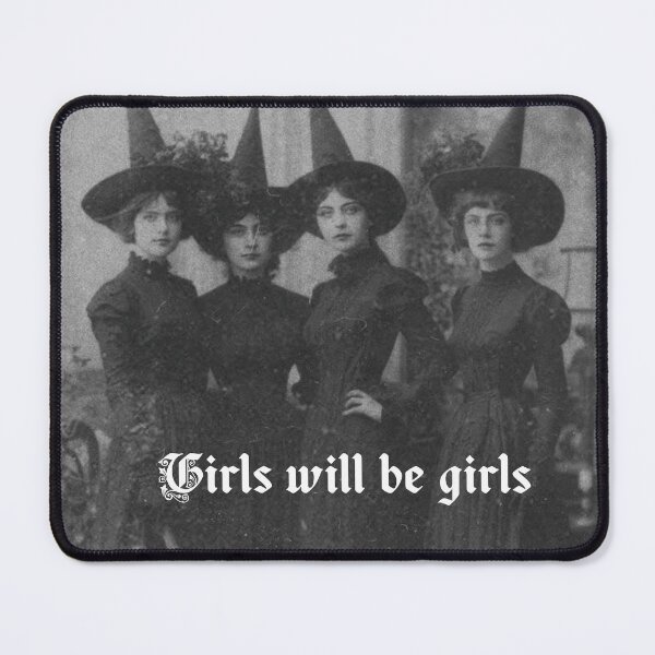 Item preview, GIRLS WILL BE GIRLS Vtg Black & White Halloween Witches Photo designed and sold by trixie666.