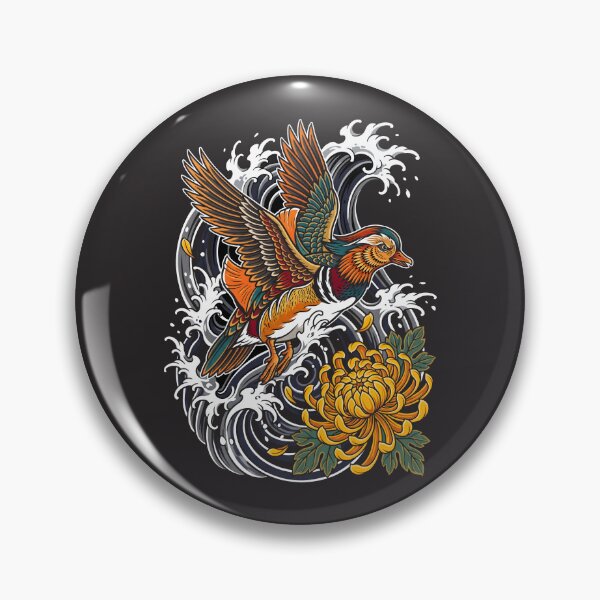 Item preview, Japanese Tattoo Mandarin Duck - Irezumi Wave Chrysanthemum Art designed and sold by SplashTastic.