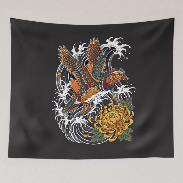 Item preview, Japanese Tattoo Mandarin Duck - Irezumi Wave Chrysanthemum Art designed and sold by SplashTastic.