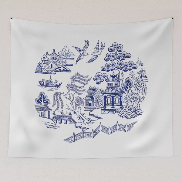 Item preview, Blue Willow Porcelain Landscape - Vintage Chinoiserie Bridge Art designed and sold by SplashTastic.