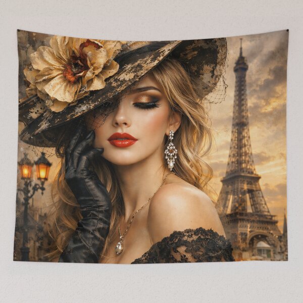 Item preview, Paris Fashion Woman by Eiffel Tower – Vintage Glamour Portrait Art Print designed and sold by Kaleidoscope Print.