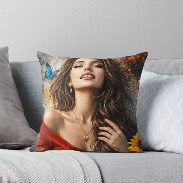 Item preview, Joyful Woman with Blue Butterfly and Sunflower – Vibrant Boho Portrait Art Print designed and sold by Kaleidoscope Print.