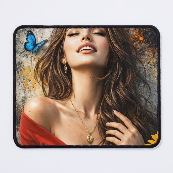 Item preview, Joyful Woman with Blue Butterfly and Sunflower – Vibrant Boho Portrait Art Print designed and sold by Kaleidoscope Print.