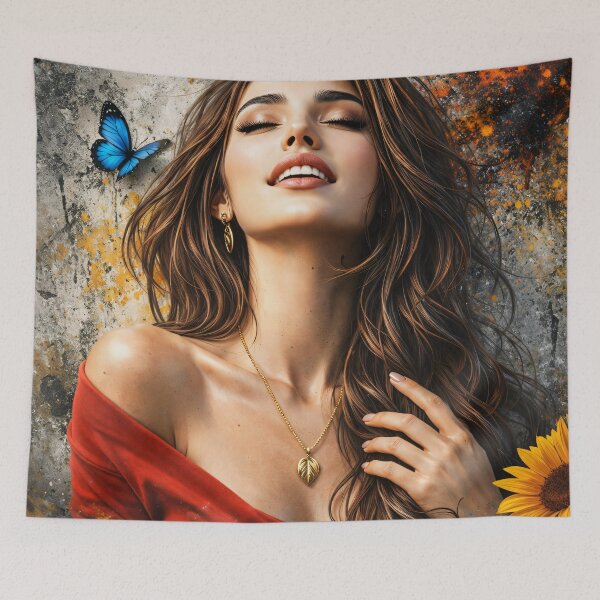 Item preview, Joyful Woman with Blue Butterfly and Sunflower – Vibrant Boho Portrait Art Print designed and sold by Kaleidoscope Print.