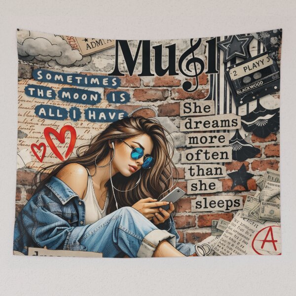 Item preview, Dream On Music Girl Urban Collage – Retro Street Art Aesthetic Print designed and sold by Kaleidoscope Print.