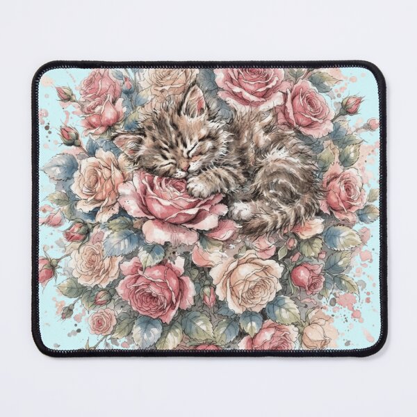 Item preview, Sleeping Tabby Kitten in Watercolor Roses Floral Bouquet designed and sold by BreezifyDesignStudio.