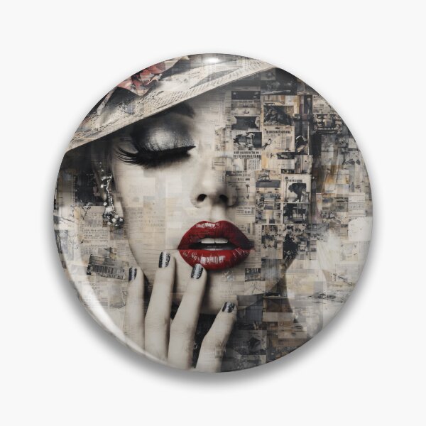 Item preview, Vintage Newspaper Collage Woman with Red Lips – Fashion Mixed Media Art Print designed and sold by Kaleidoscope Print.