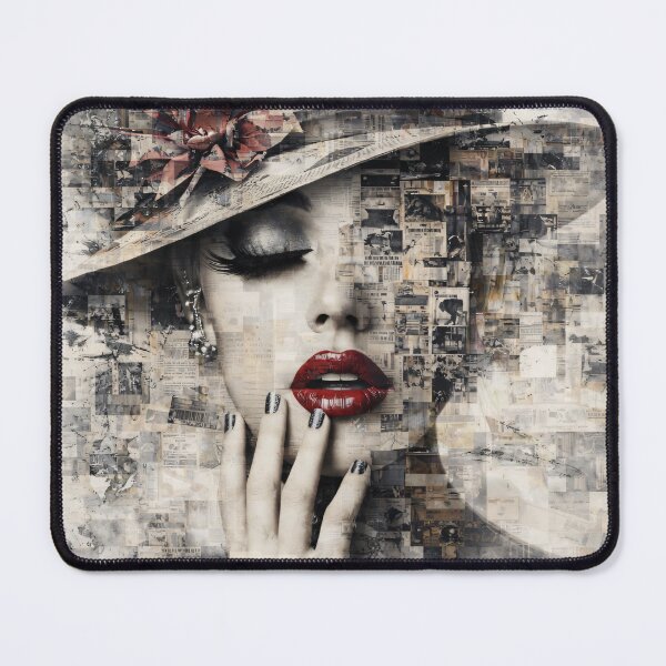 Item preview, Vintage Newspaper Collage Woman with Red Lips – Fashion Mixed Media Art Print designed and sold by Kaleidoscope Print.