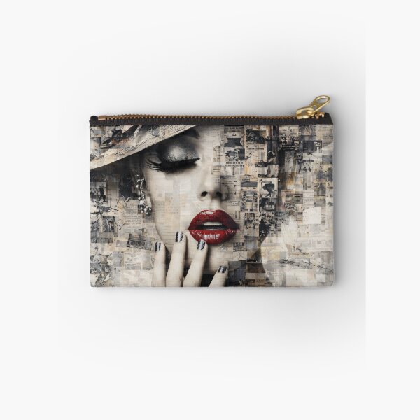 Item preview, Vintage Newspaper Collage Woman with Red Lips – Fashion Mixed Media Art Print designed and sold by Kaleidoscope Print.