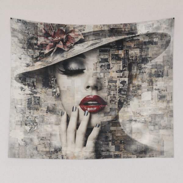 Item preview, Vintage Newspaper Collage Woman with Red Lips – Fashion Mixed Media Art Print designed and sold by Kaleidoscope Print.