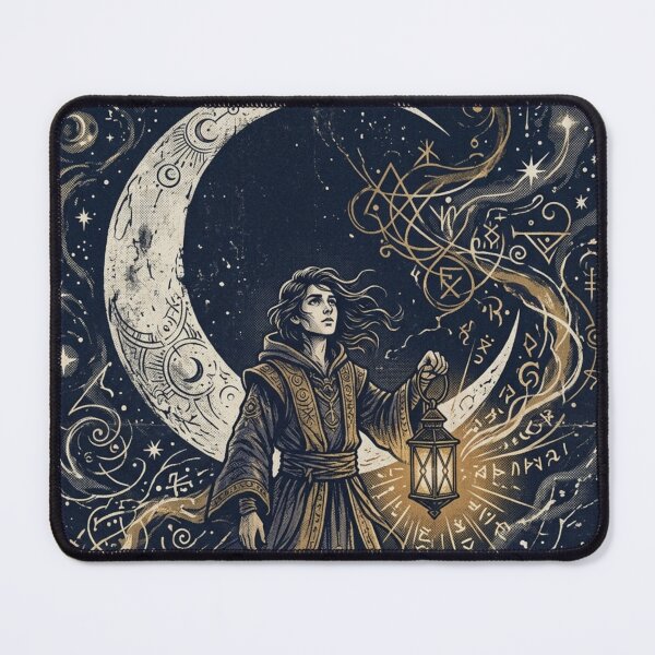 Item preview, Moonlit Sorcerer – Vintage Fantasy Wizard with Lantern & Crescent Moon Art Print designed and sold by @SHINTOSARTSTORE.