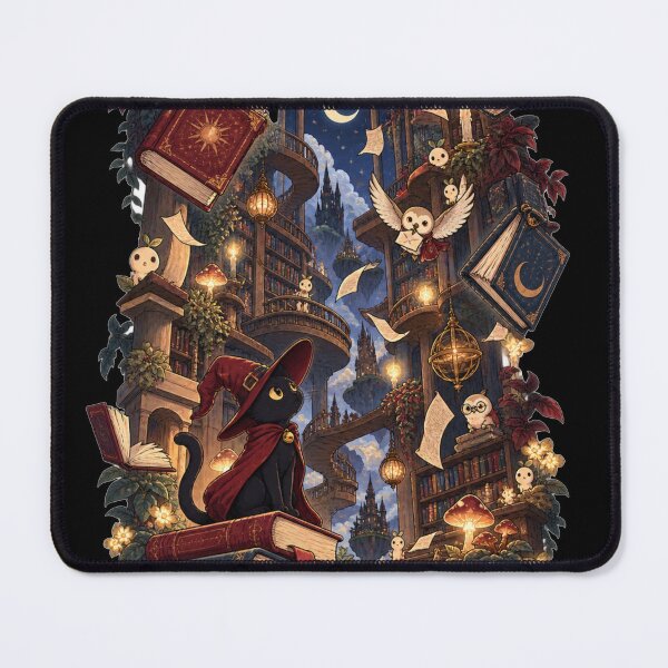 Item preview, Witch Cat's Magical Library – Fantasy Black Cat Wizard Books & Owls Art Print designed and sold by @SHINTOSARTSTORE.
