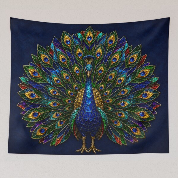 Item preview, Stained Glass Peacock on Deep Navy Blue designed and sold by PrintGo26.