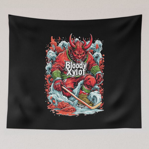 Item preview, Red Demon Ice Hockey Player Art designed and sold by ChemiCrocheting.