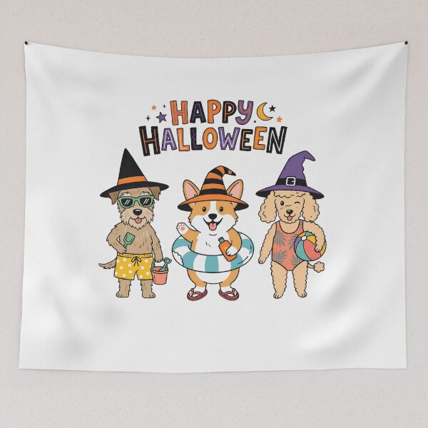 Item preview, Happy Halloween Dog Beach Party – Funny Witch Hat Halloween Dogs designed and sold by Tafa_Design.