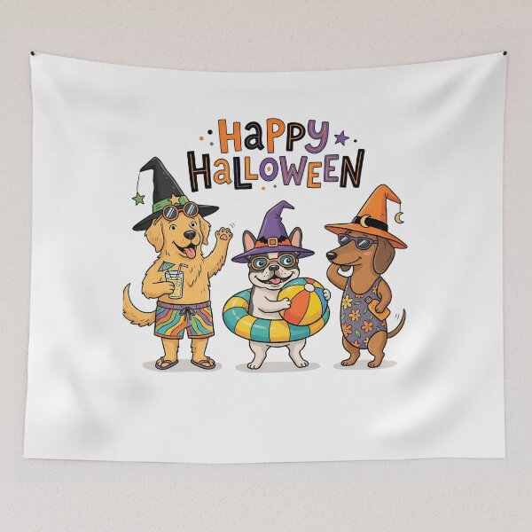 Item preview, Happy Halloween Dog Beach Party – Funny Witch Hat Halloween Dogs designed and sold by MOCH- ART.
