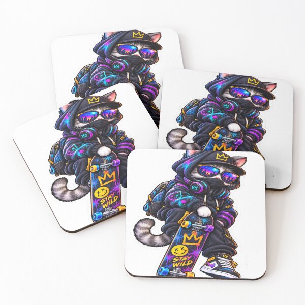 Item preview, Stay Wild Cyber Cat – Neon Skateboard Streetwear Cat designed and sold by Genzfirevibes.