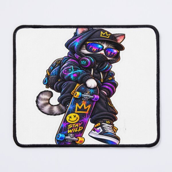 Item preview, Stay Wild Cyber Cat – Neon Skateboard Streetwear Cat designed and sold by Genzfirevibes.