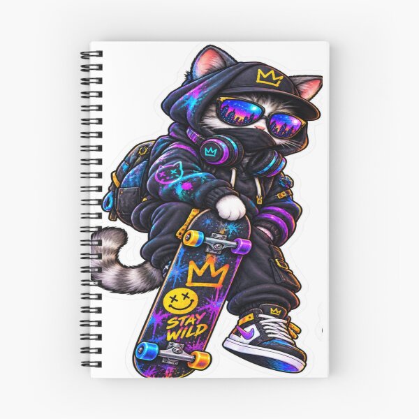 Item preview, Stay Wild Cyber Cat – Neon Skateboard Streetwear Cat designed and sold by Genzfirevibes.