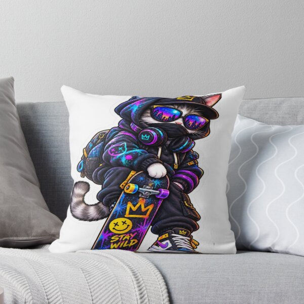 Item preview, Stay Wild Cyber Cat – Neon Skateboard Streetwear Cat designed and sold by Genzfirevibes.