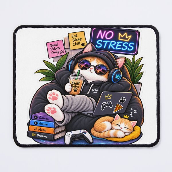 Item preview, No Stress Cat – Cozy Gamer Cat with Boba & Headphones designed and sold by Genzfirevibes.