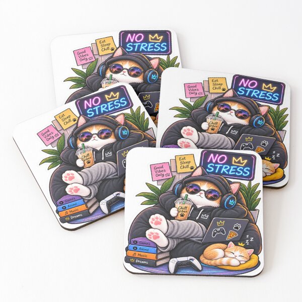 Item preview, No Stress Cat – Cozy Gamer Cat with Boba & Headphones designed and sold by Genzfirevibes.