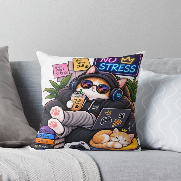 Item preview, No Stress Cat – Cozy Gamer Cat with Boba & Headphones designed and sold by Genzfirevibes.