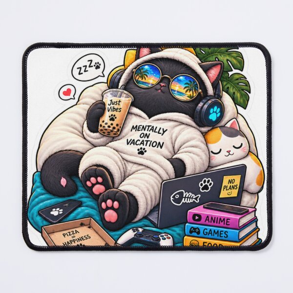 Item preview, Mentally on Vacation Cat – Cozy Gamer Cat with Pizza & Boba designed and sold by Genzfirevibes.