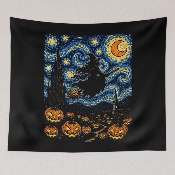 Item preview, Enchanting witch flying over a pumpkin patch at night halloween designed and sold by rafaeltto.