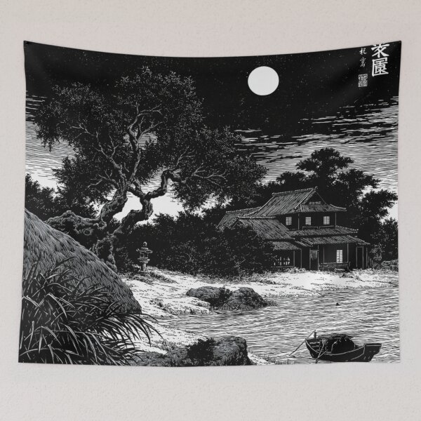 Item preview, Ukiyo-e Japanese Village Moonlight Woodblock Print designed and sold by GrinGalore.