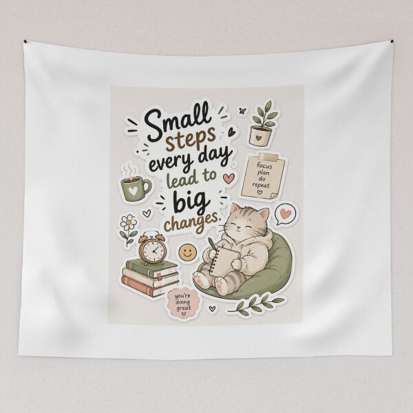 Item preview, Small Steps Every Day Sticker | Cute Cat Motivational Quote | Cozy Aesthetic designed and sold by DKraftz.