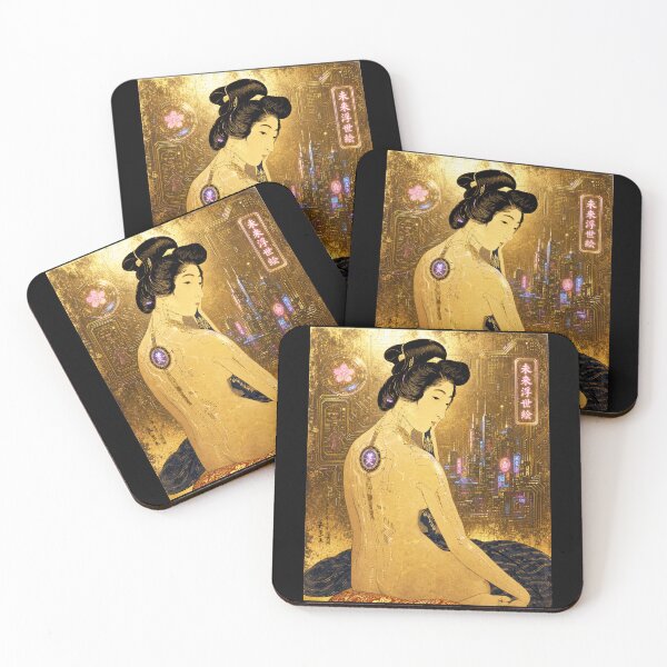 Item preview, Golden Cyberpunk Geisha Japanese Ukiyo-e | Neon City | Hokusai-inspired designed and sold by RhymeArc.