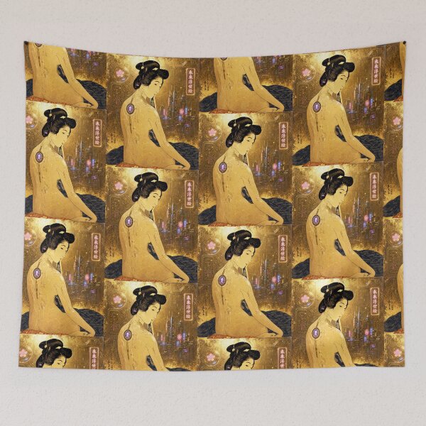 Item preview, Golden Cyberpunk Geisha Japanese Ukiyo-e | Neon City | Hokusai-inspired designed and sold by RhymeArc.