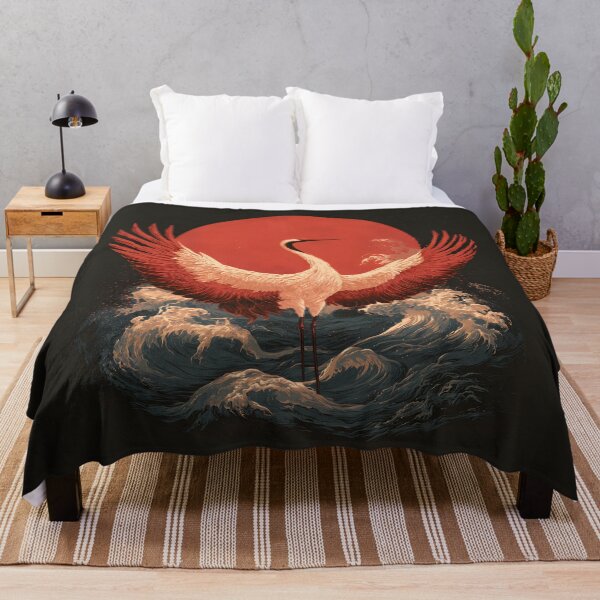 Item preview, Japanese Crane Rising Sun Wave Ukiyo-e Woodcut Art designed and sold by GrinGalore.
