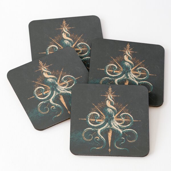 Item preview, Kraken Octopus Compass Rose Nautical Linocut Ocean Art designed and sold by GrinGalore.