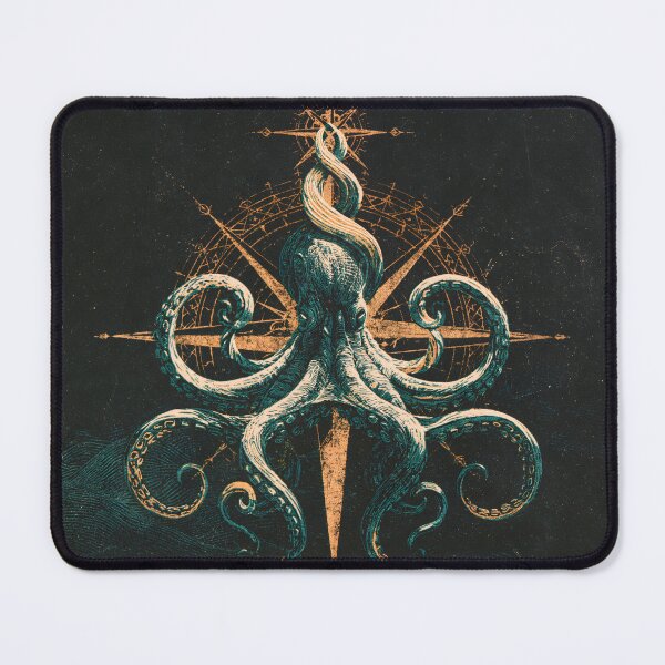 Item preview, Kraken Octopus Compass Rose Nautical Linocut Ocean Art designed and sold by GrinGalore.