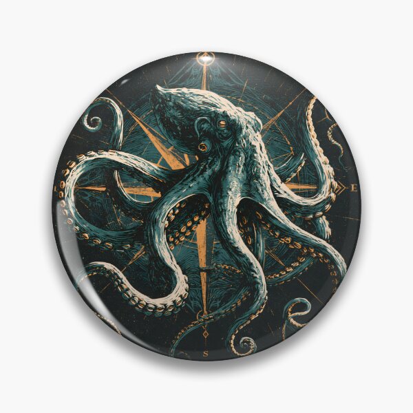 Item preview, Kraken Octopus Compass Nautical Ocean Linocut Woodcut Art designed and sold by GrinGalore.
