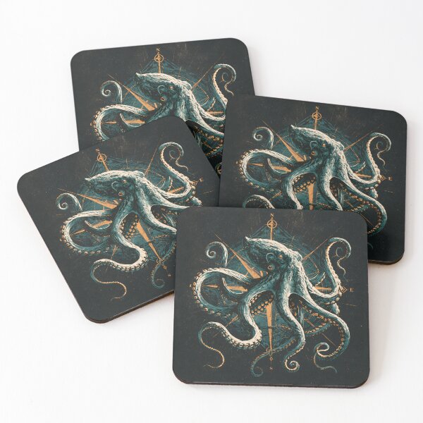 Item preview, Kraken Octopus Compass Nautical Ocean Linocut Woodcut Art designed and sold by GrinGalore.