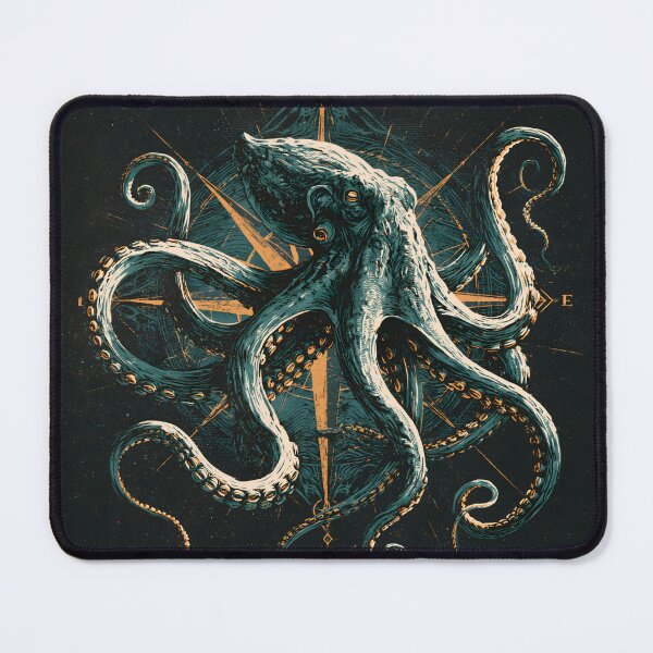 Item preview, Kraken Octopus Compass Nautical Ocean Linocut Woodcut Art designed and sold by GrinGalore.