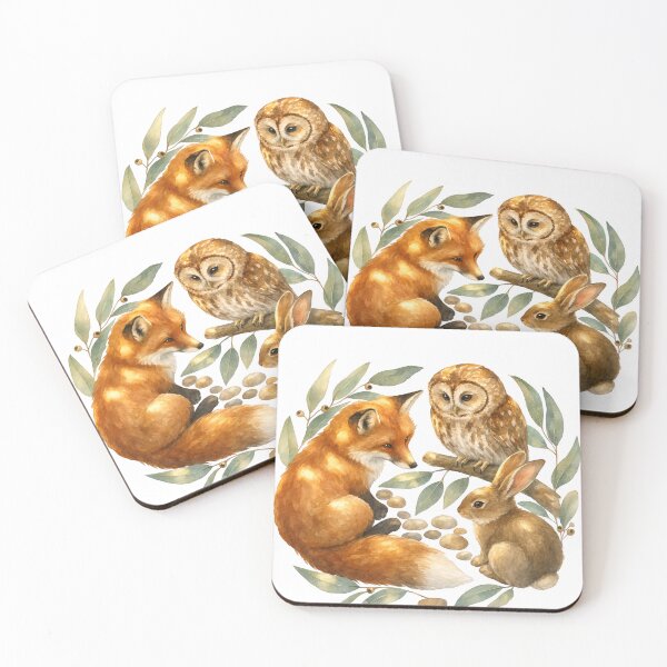 Item preview, woodland friends fox owl and rabbit watercolor illustration designed and sold by introvertarts.