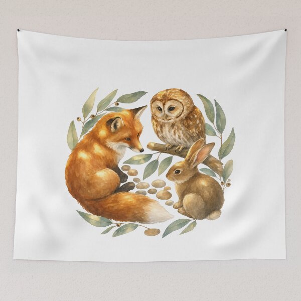 Item preview, woodland friends fox owl and rabbit watercolor illustration designed and sold by introvertarts.