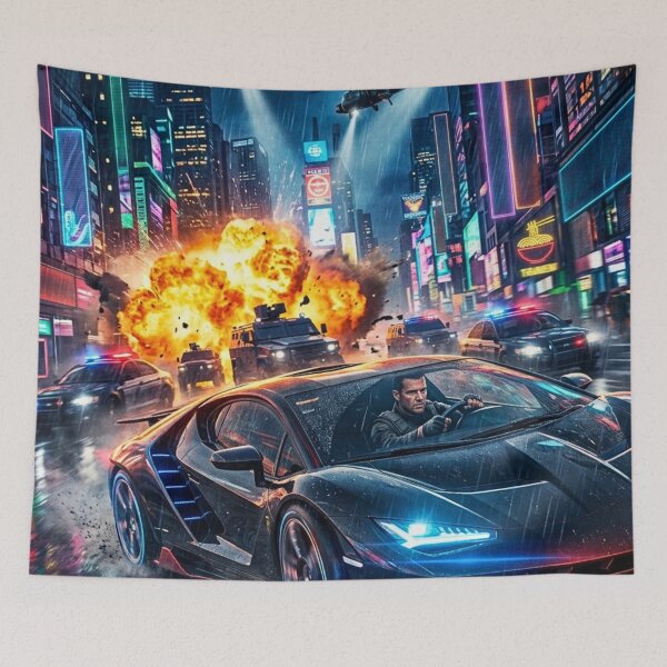Item preview, Futuristic Undercover Agent Neon Car Chase – Cinematic Action Movie Poster designed and sold by lavanya11.
